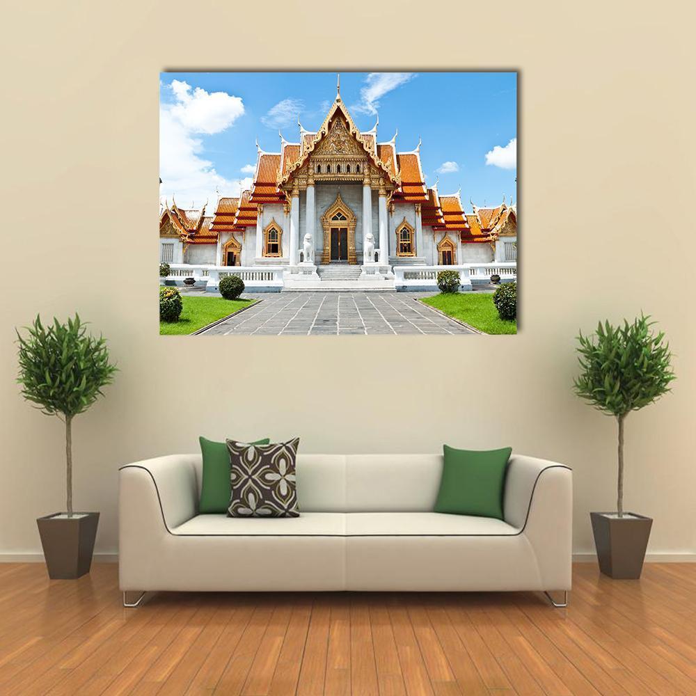 Wat Benchamabophit Marble Temple Canvas Wall Art in white, orange and blue, single panel hung on a wall