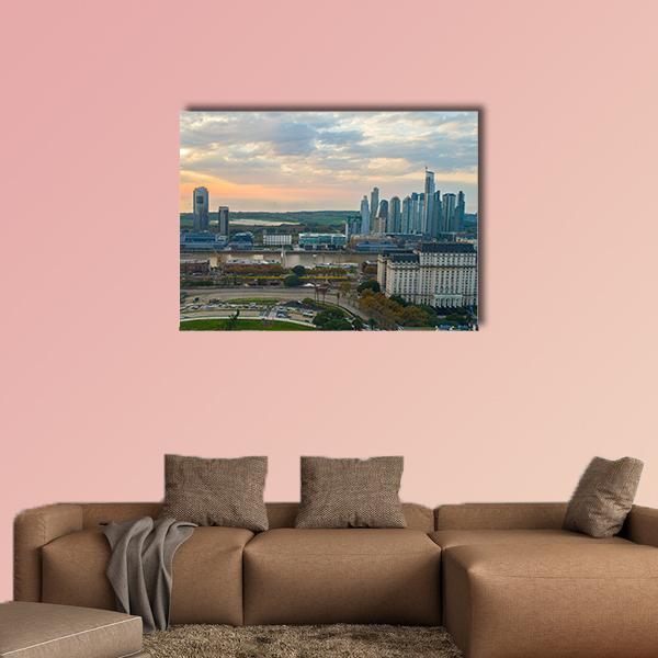 Buenos Aires Cityscape Canvas Wall Art in gray and blue, single panel hung on a wall