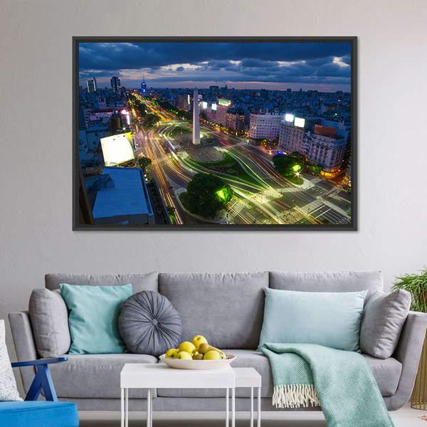 Buenos Aires Night Skyline Canvas Wall Art in black, yellow and blue, framed canvas, product view on a white background