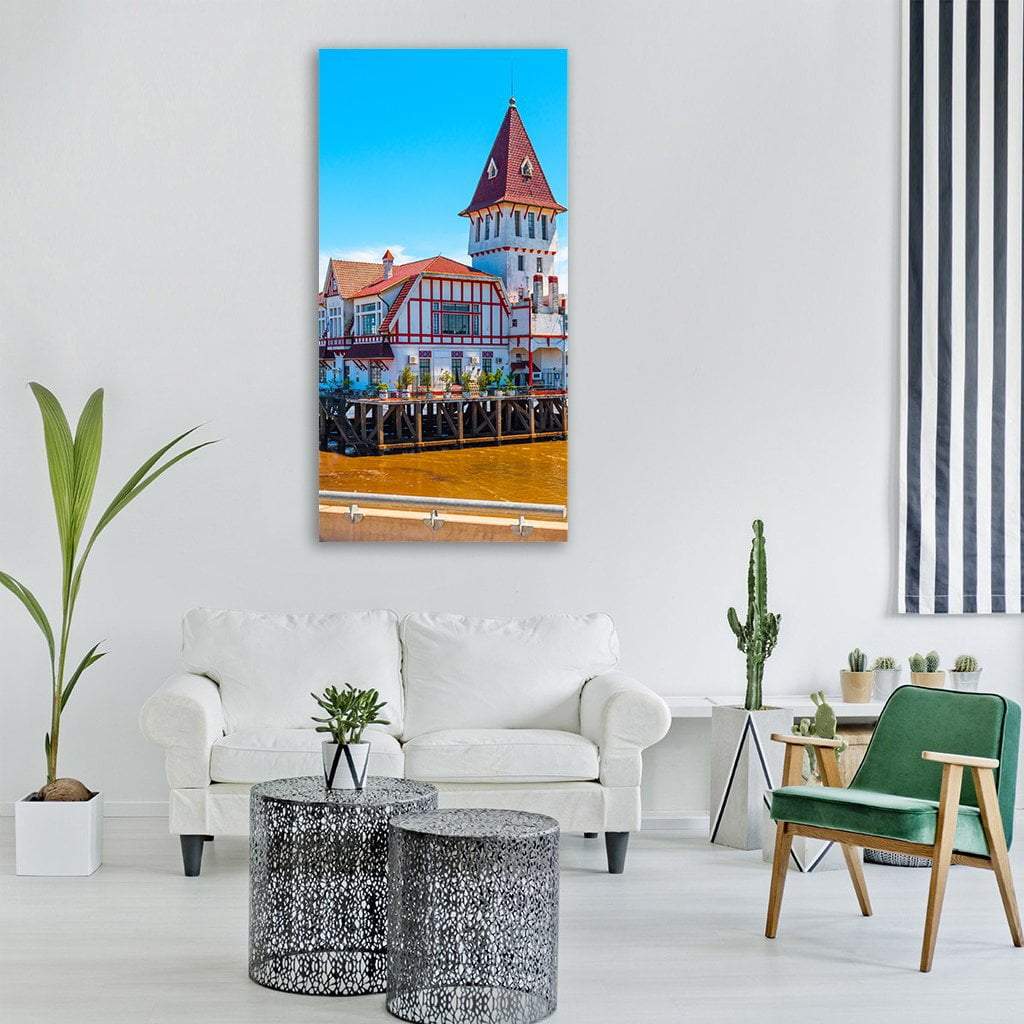 Building & Pier At Shore Vertical Canvas Wall Art-1 Vertical-Gallery Wrap-12" x 24"-Tiaracle