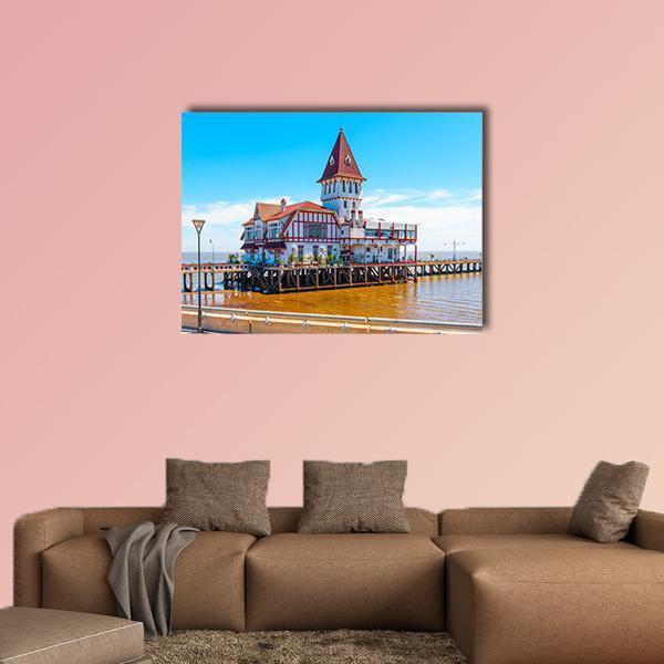 Building & Pier At Shore Canvas Wall Art-1 Piece-Gallery Wrap-48" x 32"-Tiaracle