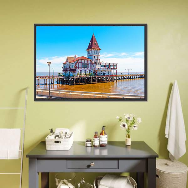 Building & Pier At Shore Canvas Wall Art-3 Horizontal-Gallery Wrap-25" x 16"-Tiaracle