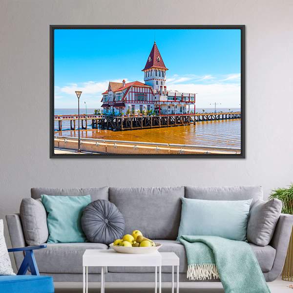 Building & Pier At Shore Canvas Wall Art-1 Piece-Floating Frame-24" x 16"-Tiaracle