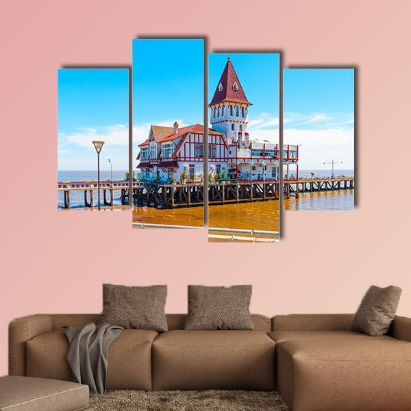 Building &amp; Pier At Shore Canvas Wall Art-4 Pop-Gallery Wrap-50" x 32"-Tiaracle