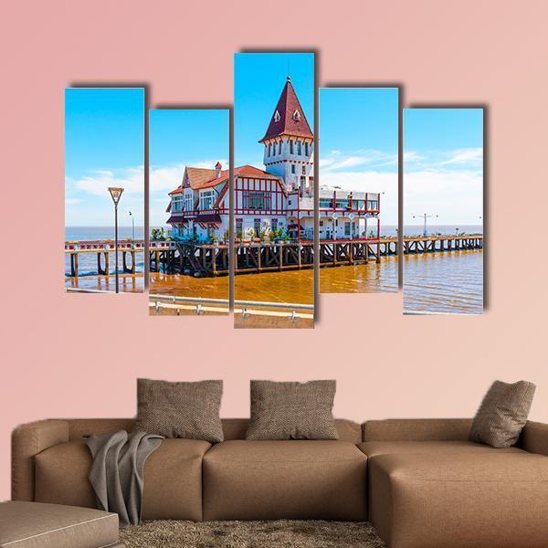 Building &amp; Pier At Shore Canvas Wall Art-5 Pop-Gallery Wrap-47" x 32"-Tiaracle