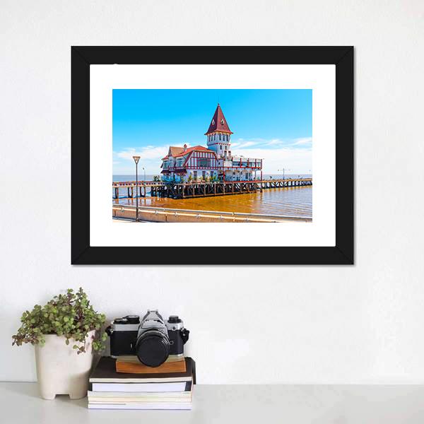 Building & Pier At Shore Canvas Wall Art-1 Piece-Framed Print-20" x 16"-Tiaracle