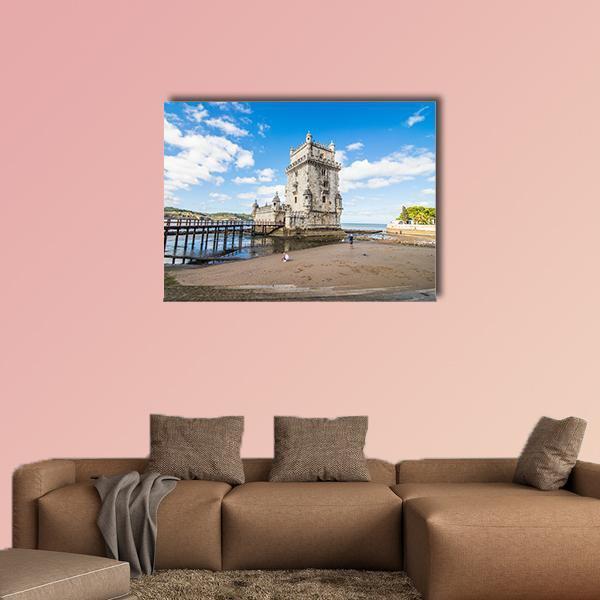 Belem Tower, Portugal Canvas Wall Art in white, beige and blue, single panel hung on a wall