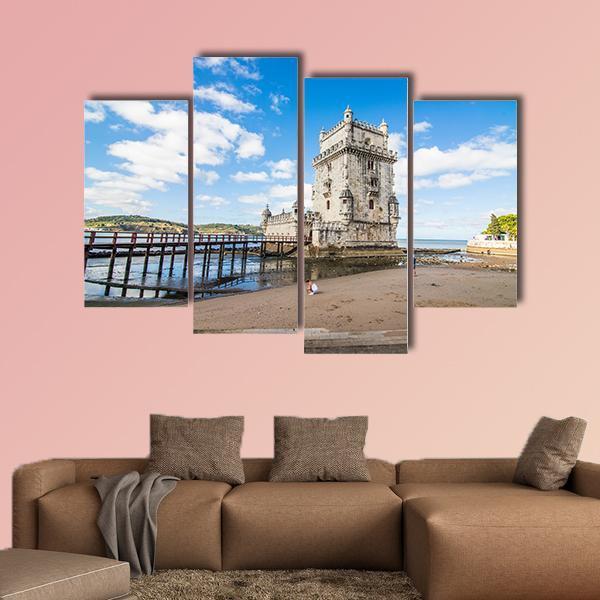 Belem Tower, Portugal Canvas Wall Art in white, beige and blue, 4 panel Pop layout hung on a wall