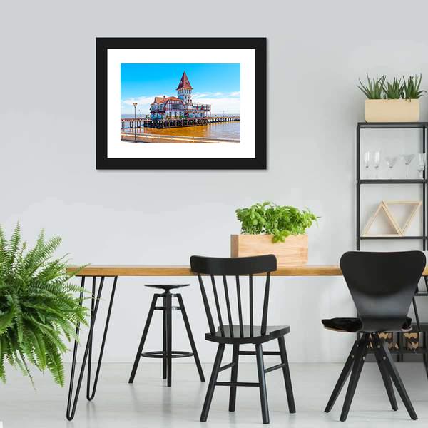 Building & Pier At Shore Vertical Canvas Wall Art-3 Vertical-Gallery Wrap-12" x 25"-Tiaracle