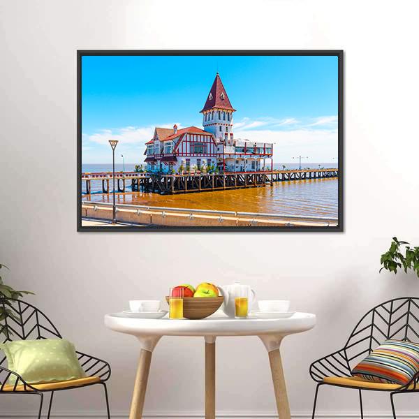 Building & Pier At Shore Vertical Canvas Wall Art-3 Vertical-Gallery Wrap-12" x 25"-Tiaracle
