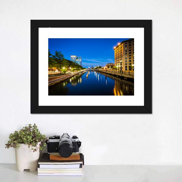 Buildings Along Providence River Canvas Wall Art-1 Piece-Framed Print-20" x 16"-Tiaracle
