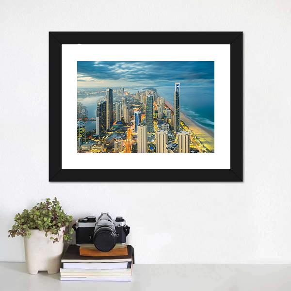 Buildings At Riverside Canvas Wall Art-1 Piece-Framed Print-20" x 16"-Tiaracle