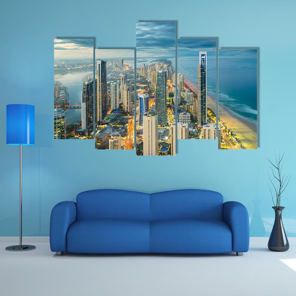 Buildings At Riverside Canvas Wall Art-4 Pop-Gallery Wrap-50" x 32"-Tiaracle