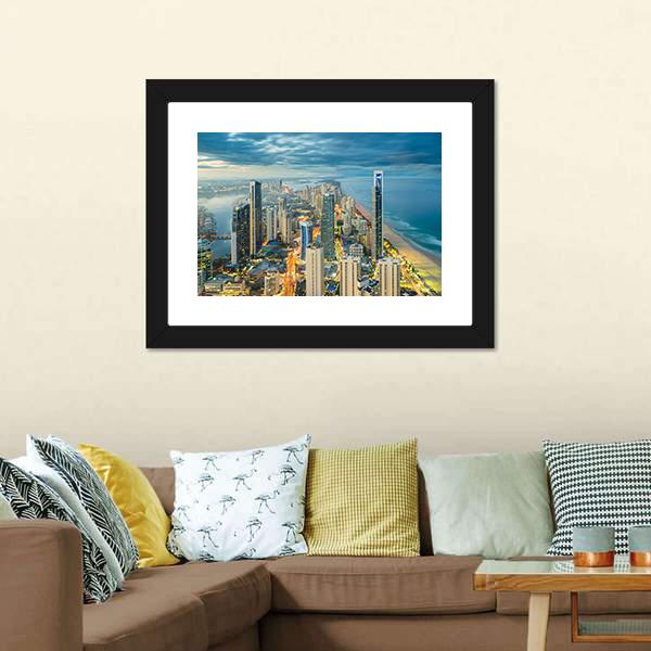 Buildings At Riverside Canvas Wall Art-3 Horizontal-Gallery Wrap-25" x 16"-Tiaracle