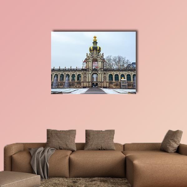Zwinger Palace Facade with Golden Crown Canvas Wall Art in gray, beige and gold, single panel hung on a wall