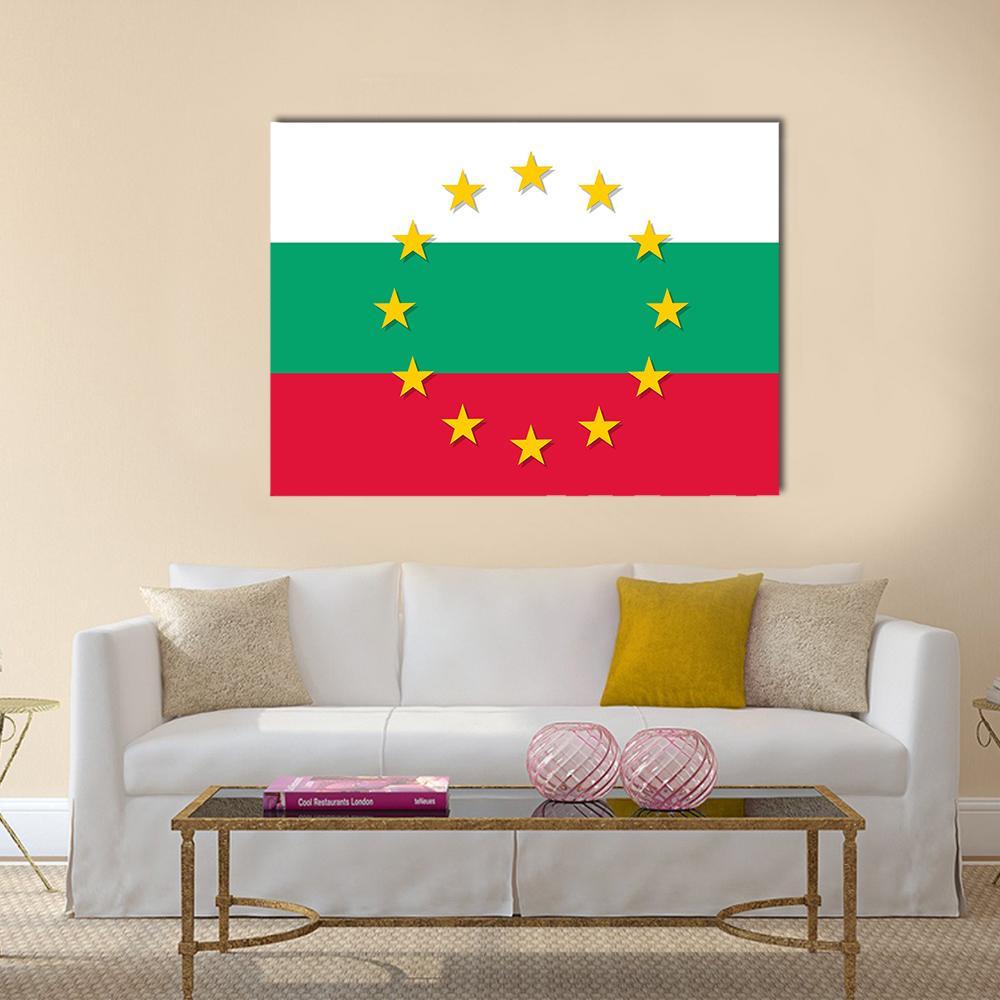 Bulgarian Flag with Eu Stars Canvas Wall Art in white, red and green, single panel hung on a wall
