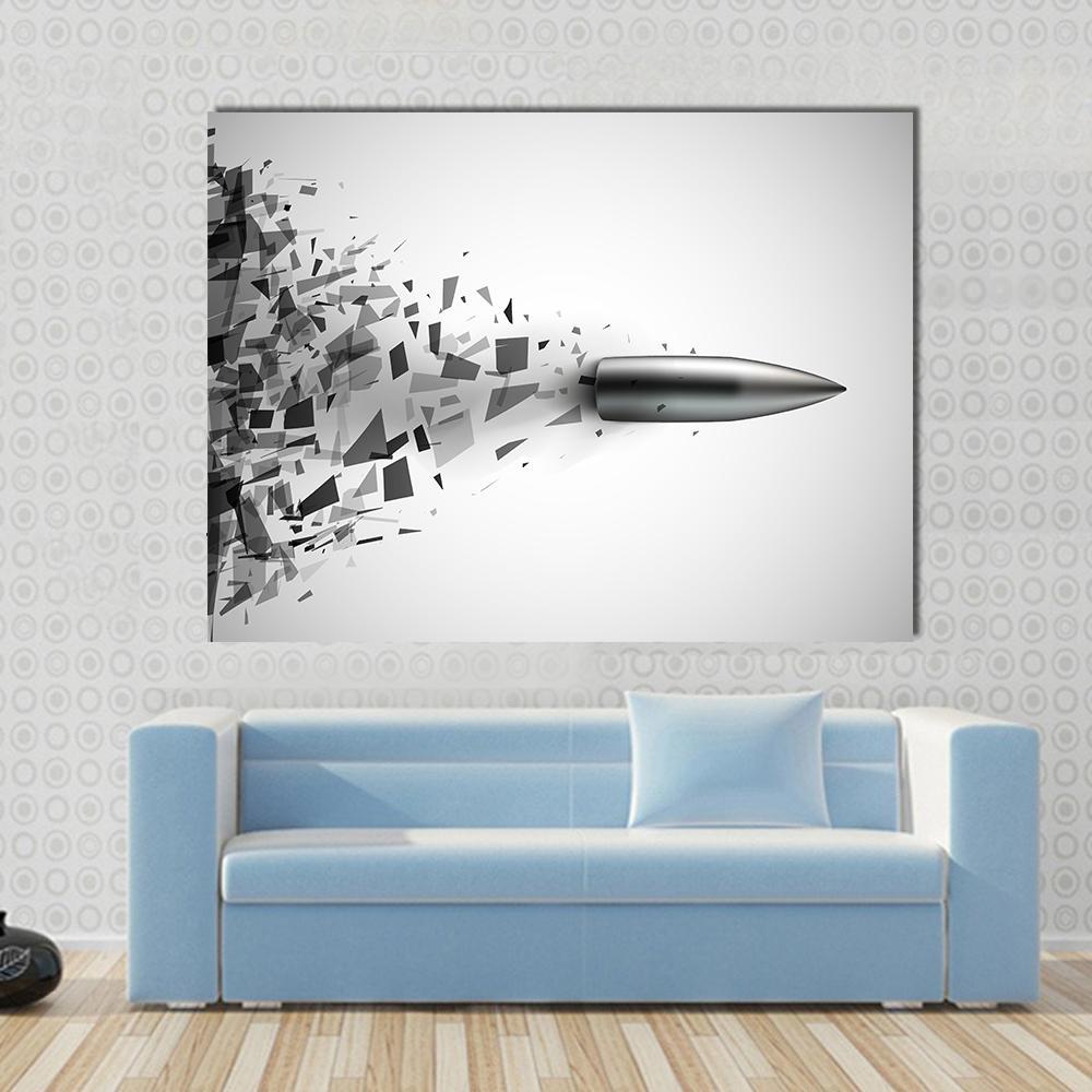 Bullet Through Shattered Glass Canvas Wall Art in black, white and gray, single panel hung on a wall