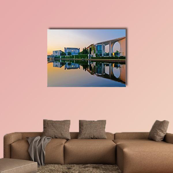 Bundeskanzleramt Berlin at Sunset Canvas Wall Art in orange, yellow and blue, single panel hung on a wall