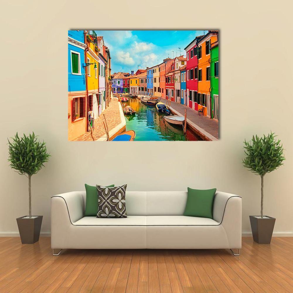 Burano Island in Sunny Venice Canvas Wall Art in yellow, blue and multicolor, single panel hung on a wall