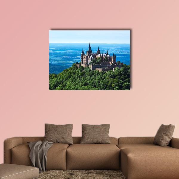 Hohenzollern Castle on Forested Hill Canvas Wall Art in green and blue, single panel hung on a wall