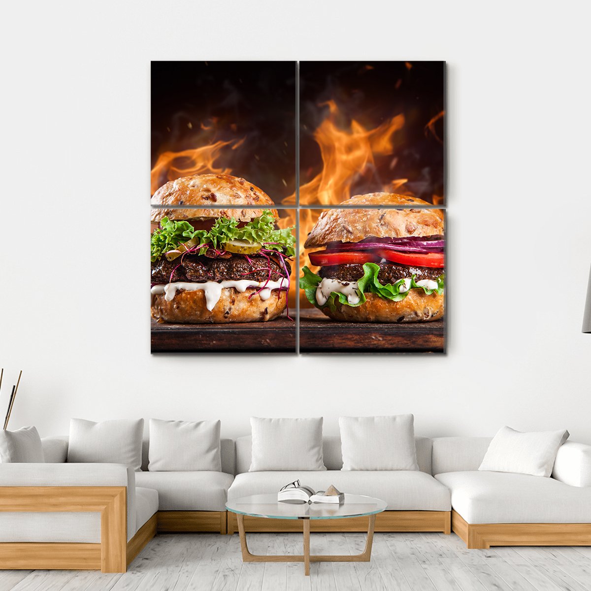 Burgers With Fire Flames Canvas Wall Art-4 Square-Gallery Wrap-17" x 17"-Tiaracle