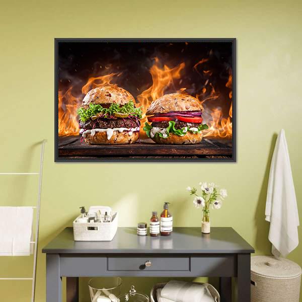 Burgers With Fire Flames Canvas Wall Art-5 Horizontal-Gallery Wrap-22" x 12"-Tiaracle