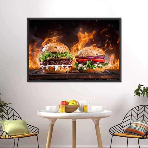 Burgers With Fire Flames Canvas Wall Art-5 Horizontal-Gallery Wrap-22" x 12"-Tiaracle