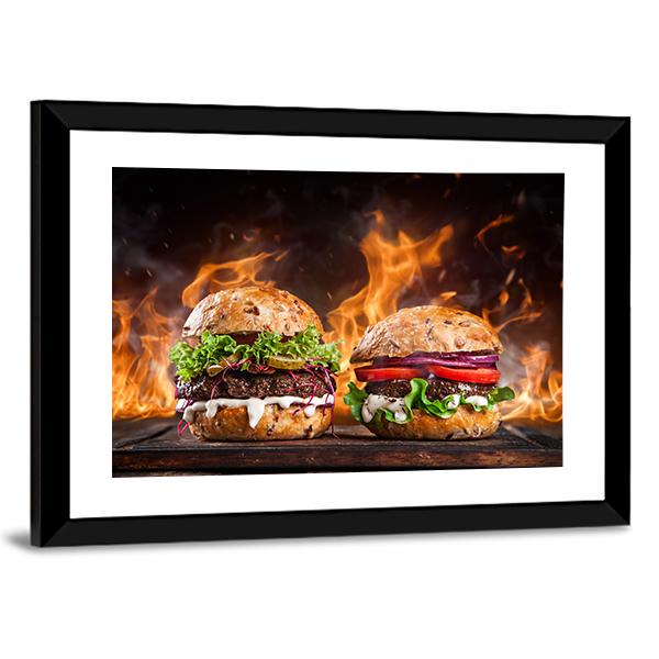 Burgers With Fire Flames Canvas Wall Art-5 Horizontal-Gallery Wrap-22" x 12"-Tiaracle