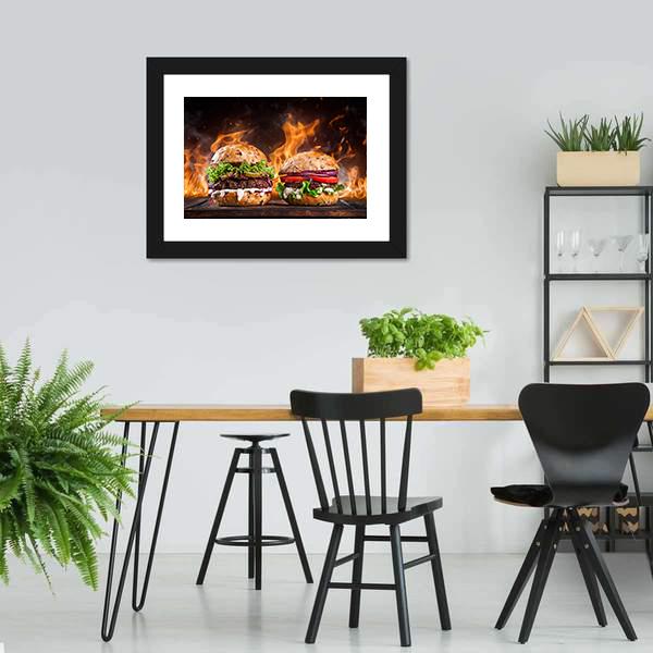 Burgers With Fire Flames Canvas Wall Art-5 Horizontal-Gallery Wrap-22" x 12"-Tiaracle