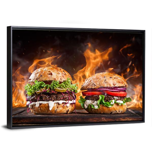 Burgers With Fire Flames Canvas Wall Art-5 Horizontal-Gallery Wrap-22" x 12"-Tiaracle