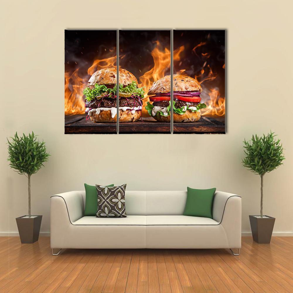 Burgers With Fire Flames Canvas Wall Art-3 Horizontal-Gallery Wrap-37" x 24"-Tiaracle
