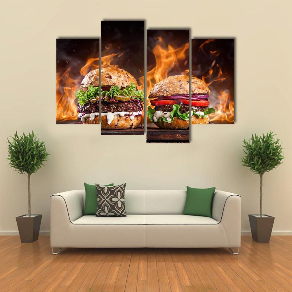 Burgers With Fire Flames Canvas Wall Art-4 Pop-Gallery Wrap-50" x 32"-Tiaracle