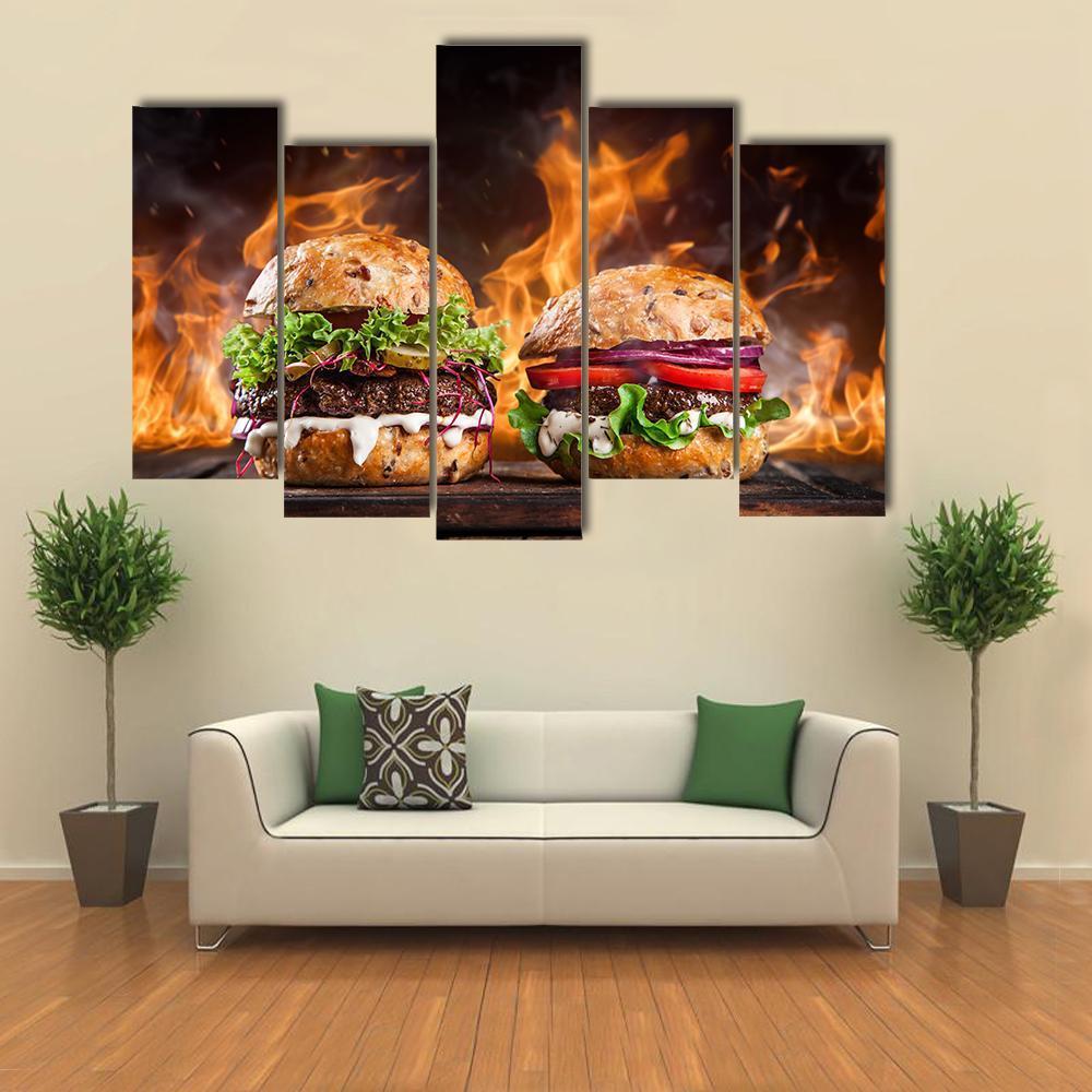 Burgers With Fire Flames Canvas Wall Art-5 Pop-Gallery Wrap-47" x 32"-Tiaracle