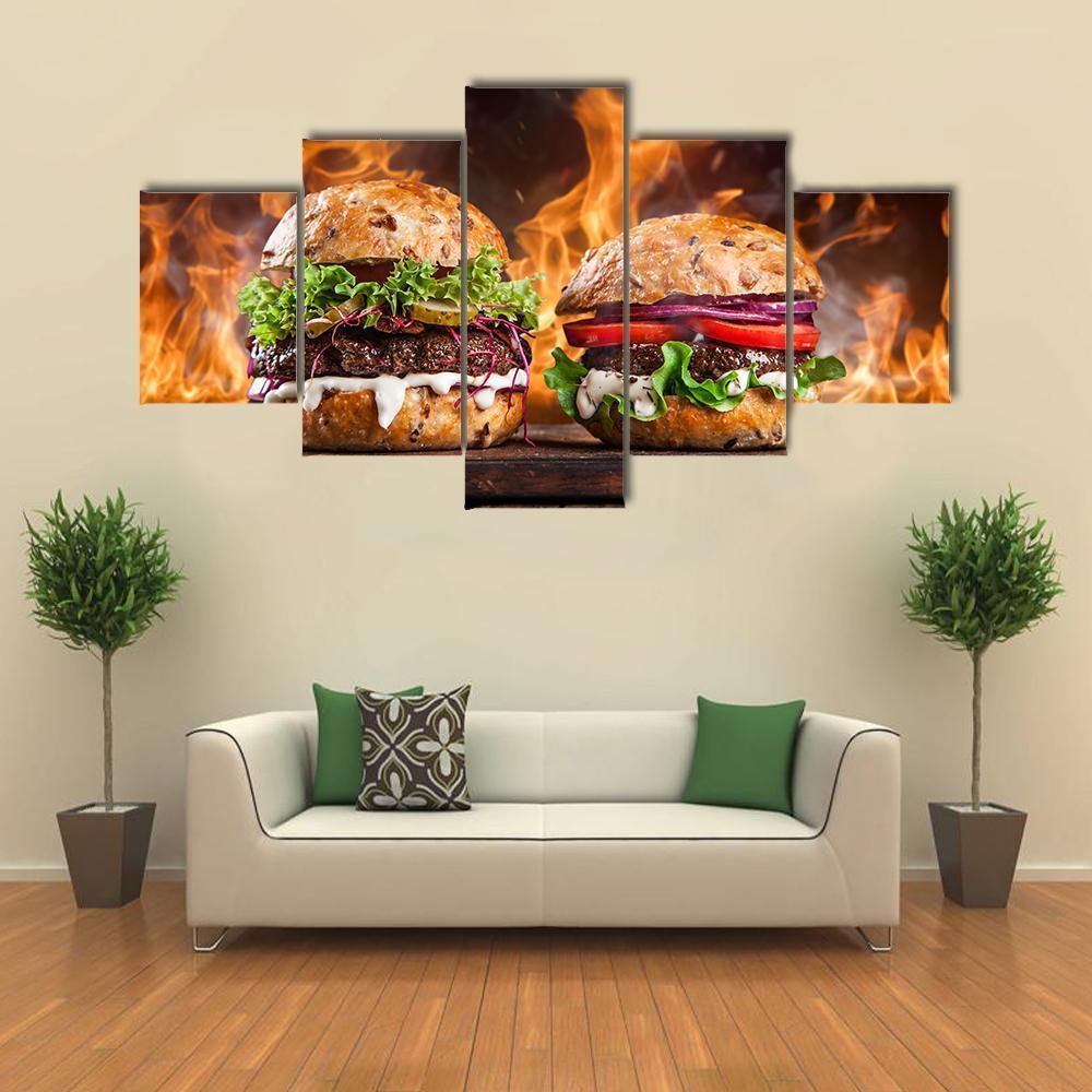 Burgers With Fire Flames Canvas Wall Art-5 Star-Gallery Wrap-62" x 32"-Tiaracle