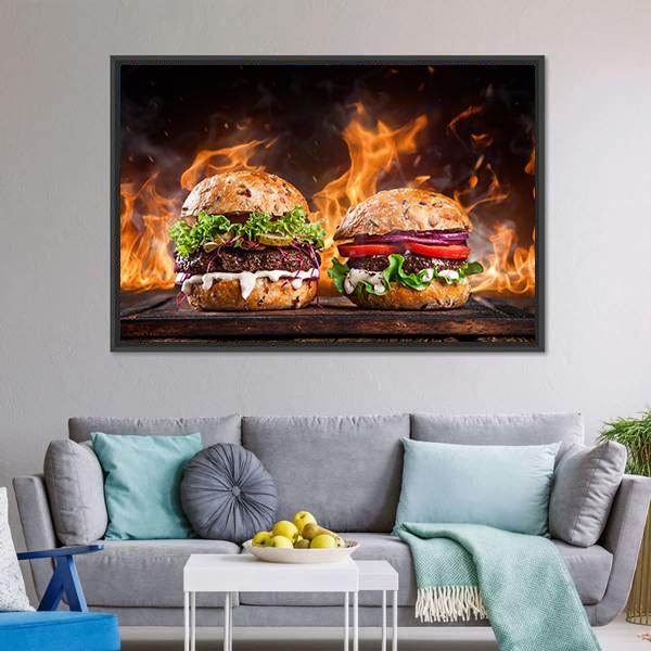 Gourmet Burgers with Flame Background Canvas Wall Art in black, brown and orange, framed canvas, product view on a white background