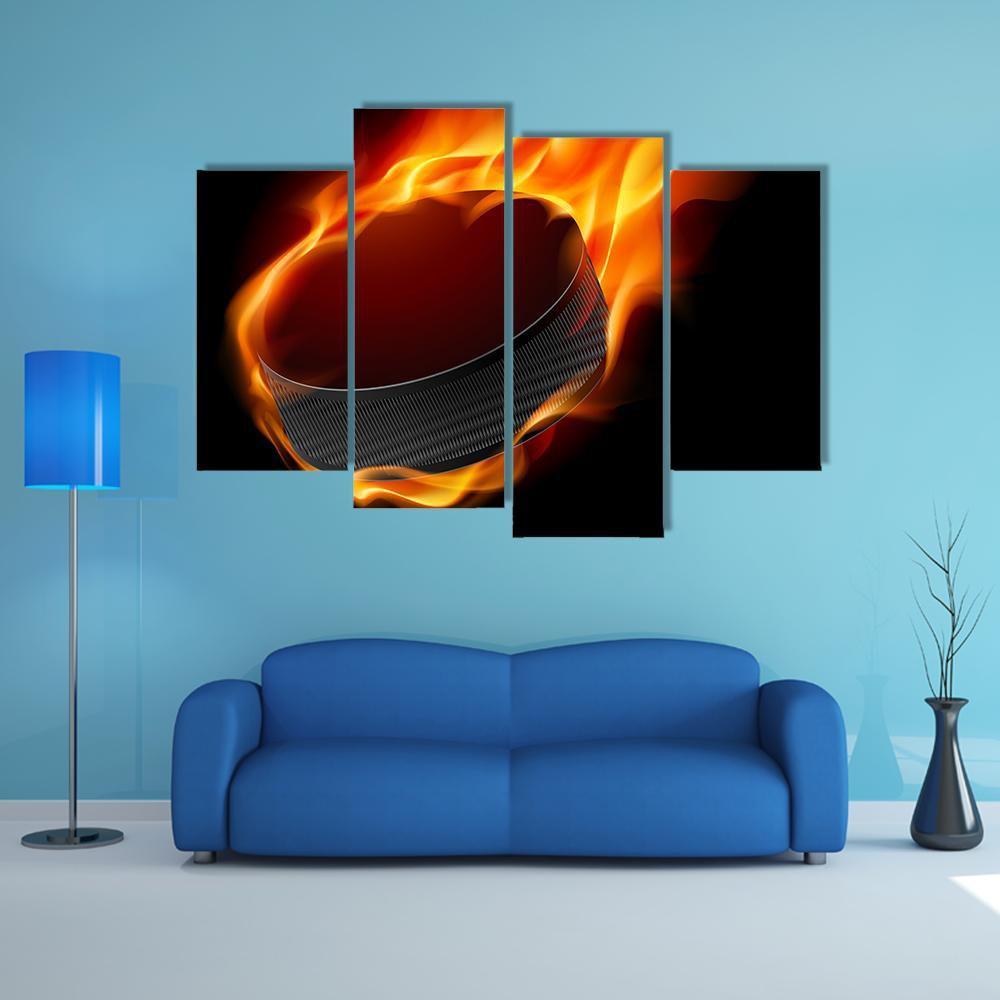 Burning Hockey Puck Canvas Wall Art-4 Pop-Gallery Wrap-50&quot; x 32&quot;-Tiaracle