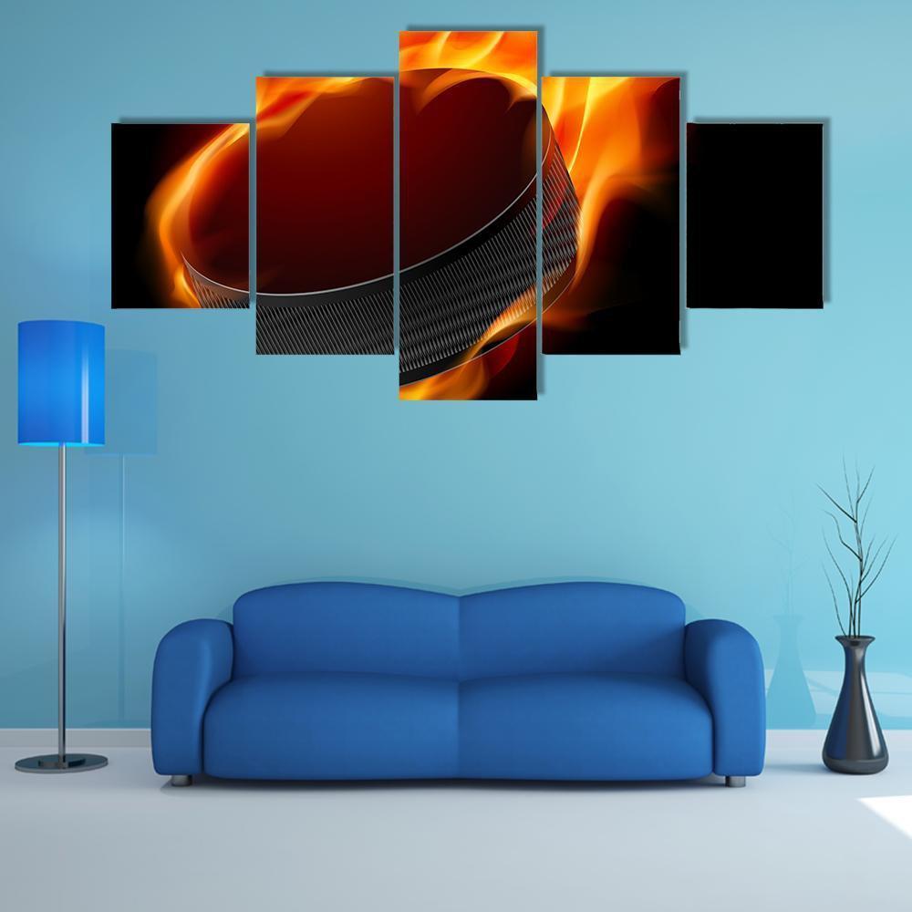 Burning Hockey Puck Canvas Wall Art-5 Star-Gallery Wrap-62&quot; x 32&quot;-Tiaracle
