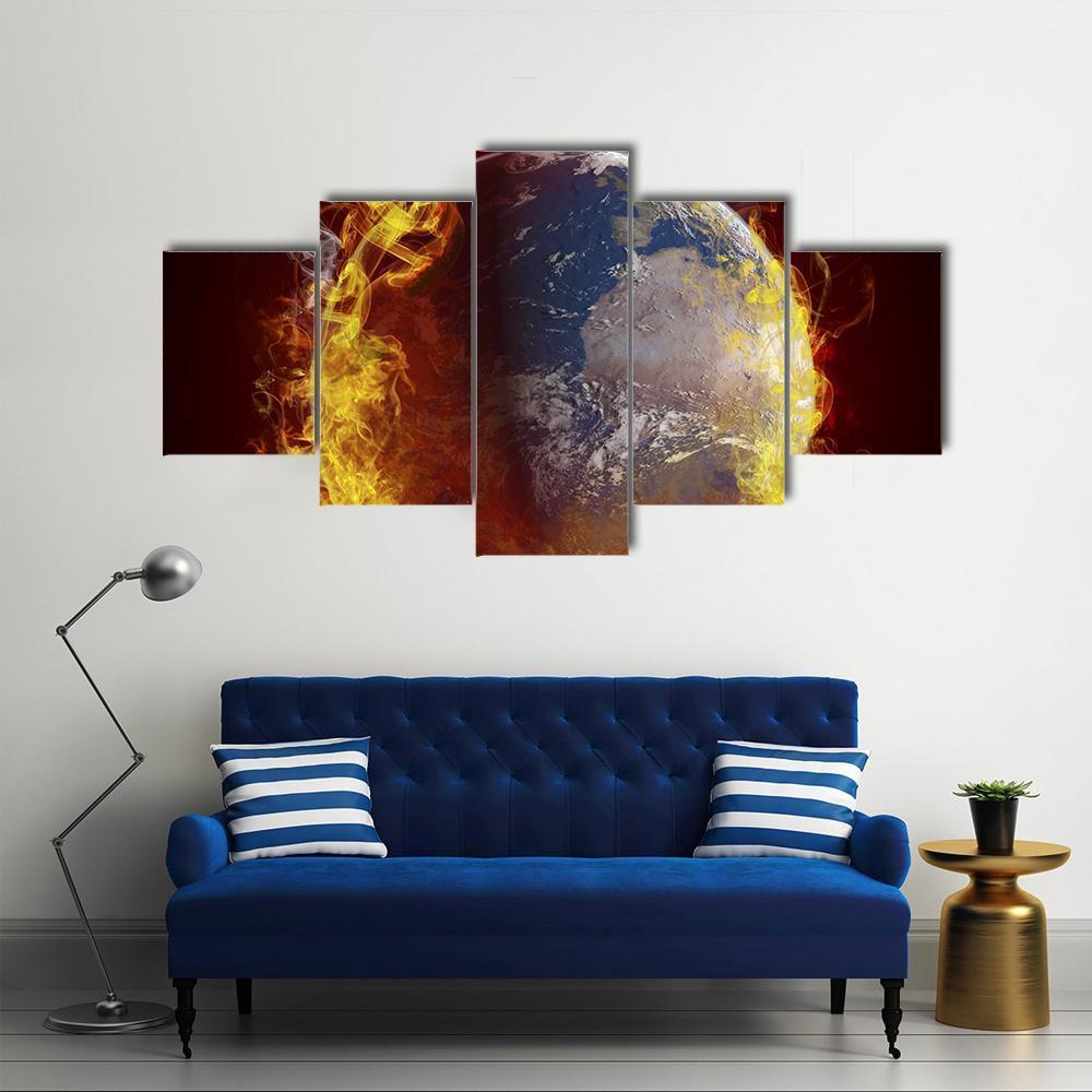 Burning Planet Earth Canvas Wall Art-5 Star-Gallery Wrap-62" x 32"-Tiaracle