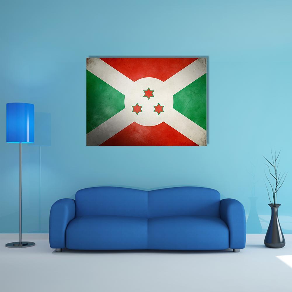 Burundi Flag with Distressed Texture Canvas Wall Art in white, red and green, single panel hung on a wall
