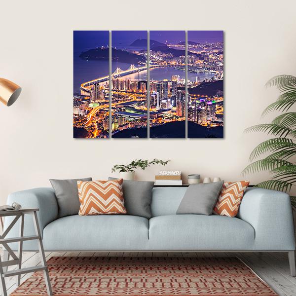 Busan City At Night Canvas Wall Art-4 Horizontal-Gallery Wrap-34" x 24"-Tiaracle