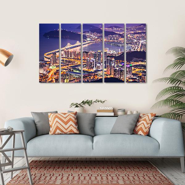 Busan City At Night Canvas Wall Art-5 Horizontal-Gallery Wrap-22" x 12"-Tiaracle
