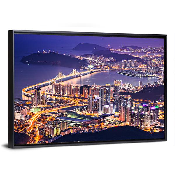 Busan City At Night Canvas Wall Art-3 Horizontal-Gallery Wrap-25" x 16"-Tiaracle