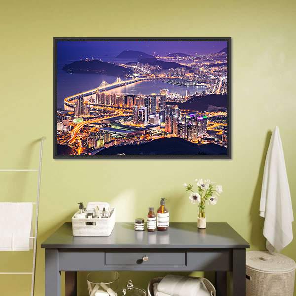 Busan City At Night Canvas Wall Art-3 Horizontal-Gallery Wrap-25" x 16"-Tiaracle