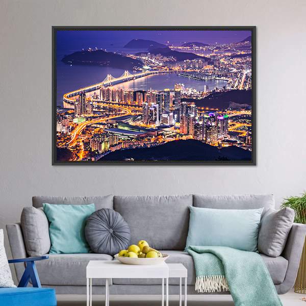 Busan City At Night Canvas Wall Art-1 Piece-Floating Frame-24" x 16"-Tiaracle