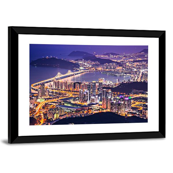 Busan City At Night Canvas Wall Art-3 Horizontal-Gallery Wrap-25" x 16"-Tiaracle