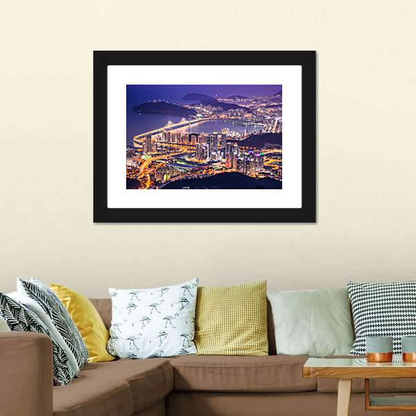 Busan City At Night Canvas Wall Art-3 Horizontal-Gallery Wrap-25" x 16"-Tiaracle