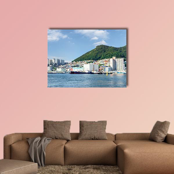 Busan City Lake View Canvas Wall Art in white, green and blue, single panel hung on a wall
