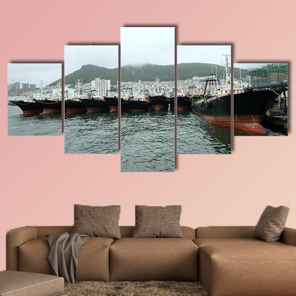 Busan Port Canvas Wall Art-5 Star-Gallery Wrap-62" x 32"-Tiaracle