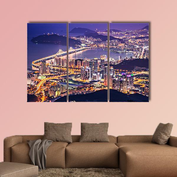 Busan City At Night Canvas Wall Art-3 Horizontal-Gallery Wrap-25" x 16"-Tiaracle