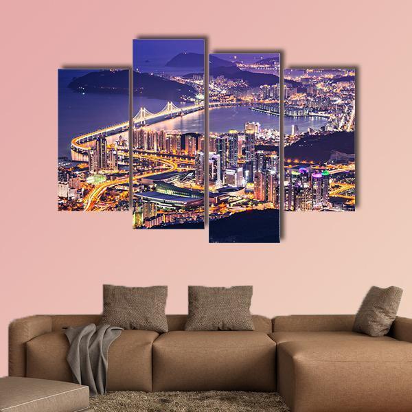 Busan City At Night Canvas Wall Art-4 Pop-Gallery Wrap-50" x 32"-Tiaracle
